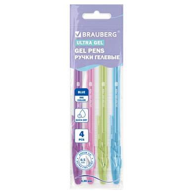 Ручки гелевые "BRAUBERG ULTRA GEL PASTEL", НАБОР 4 ШТУКИ, СИНИЕ, стандартный наконечник 0,5 мм, линия письма 0,35 мм, 144282 (арт. 144282)