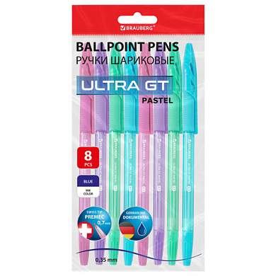 Ручки шариковые с грипом BRAUBERG "ULTRA GT PASTEL", НАБОР 8 ШТУК, СИНИЕ, узел 0,7 мм, линия 0,35 мм, 144532 (арт. 144532)