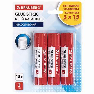 Клей-карандаш 15 г ВЫГОДНАЯ УПАКОВКА BRAUBERG, 3 штуки на блистере, 271307 (арт. 271307)