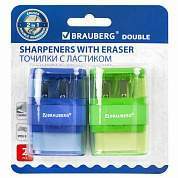 Точилки с ластиком 2 в 1 BRAUBERG "Double", НАБОР 2 ШТУКИ, 2 отверстия, синяя и зеленая, блистер, 271995 (арт. 271995)