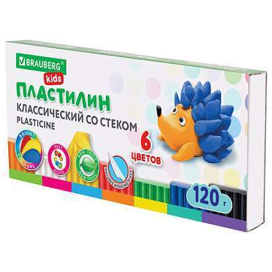 Пластилин классический BRAUBERG KIDS, 6 цветов, 120 г, стек, ВЫСШЕЕ КАЧЕСТВО, 106435 (арт. 106435)