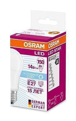 Лампа светодиодная Osram ЛОН А60 E27 14W (1521lm) 4000K, 110x60, матовая (арт. 645347)