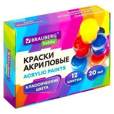 Краски акриловые для рисования и творчества 12 цветов по 20 мл, BRAUBERG HOBBY, 192435 (арт. 192435)