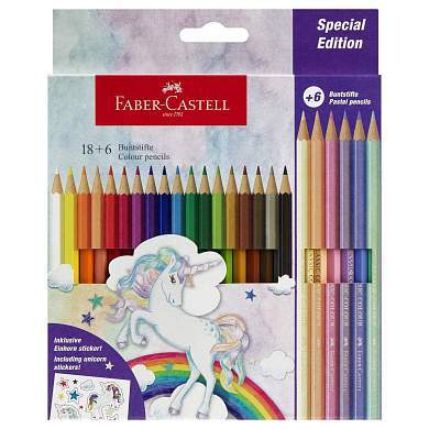 Карандаши цветные Faber-Castell "Unicorn", 18цв., шестигр., заточ.+6 паст. цв., картон, европодвес (арт. 375098)