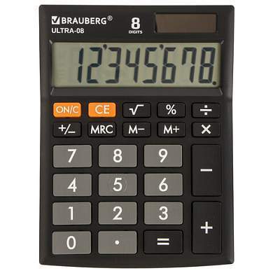 Калькулятор настольный BRAUBERG ULTRA-08-BK, КОМПАКТНЫЙ (154x115 мм), 8 разрядов, двойное питание, ЧЕРНЫЙ, 250507 (арт. 250507)