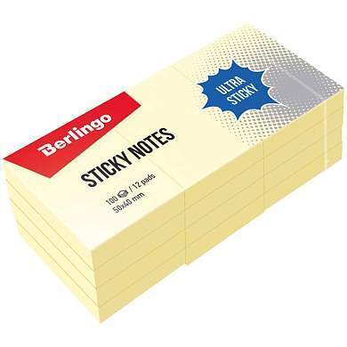 Самоклеящийся блок Berlingo "Ultra Sticky", 50*40мм, 12 блоков по 100л., пастель, желтый (арт. 270271)