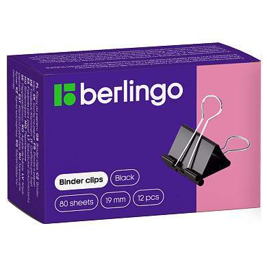 Зажимы для бумаг 19мм, Berlingo, 12шт., черные, картонная коробка (арт. 110958)