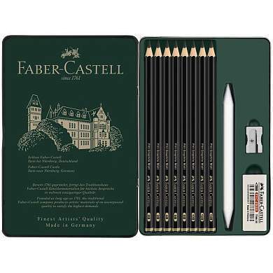 Набор карандашей ч/г матовых Faber-Castell "Pitt Graphite Matt" HB, 2B, 4B, 6B, 8B, 10B, 12B, 14B, заточ, ластик, метал.точилка, растушевка, метал.кор. (арт. 332001)