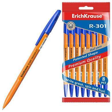 Ручки шариковые ERICH KRAUSE R-301 "Stick Orange", СИНИЕ, набор 8 штук, 0,7 мм, 56614 (арт. 144568)