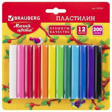 Пластилин классический BRAUBERG 12 цветов, 200 г, ВЫСШЕЕ КАЧЕСТВО, блистер, 103350 (арт. 103350)