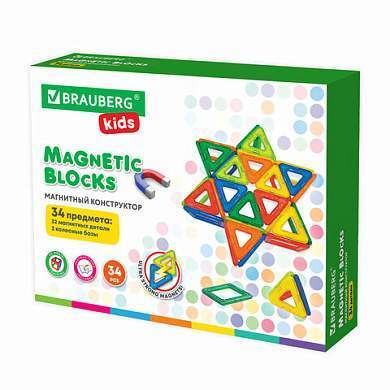 Магнитный конструктор BIG MAGNETIC BLOCKS-34, 34 детали, с колесной базой, BRAUBERG KIDS, 663845 (арт. 663845)