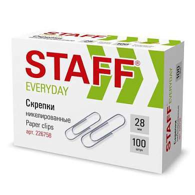 Скрепки STAFF "EVERYDAY", 28 мм, никелированные, 100 шт., в картонной коробке, 226758 (арт. 226758)