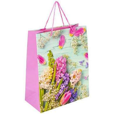 Пакет подарочный (1 штука) 26x13x32 см, ЗОЛОТАЯ СКАЗКА "Spring Flowers", глиттер, розовый, 608247 (арт. 608247)