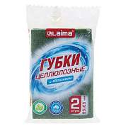 Губки для посуды 95x65х20 мм, ЦЕЛЛЮЛОЗНЫЕ + АБРАЗИВ, КОМПЛЕКТ 2 штуки, желтые/зеленый абразив, LAIMA, 700256 (арт. 700256)