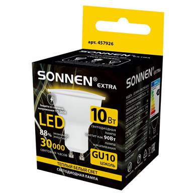 Лампа светодиодная SONNEN EXTRA, 10 (90) Вт, GU10, софит, теплый белый, 30000 ч, LED MR16-GU10-10W-2700, 457926 (арт. 457926)