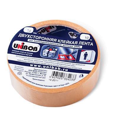 Клейкая двухсторонняя лента 25 мм х 10 м, ПОЛИПРОПИЛЕНОВАЯ ОСНОВА, UNIBOB, 38915 (арт. 600852)