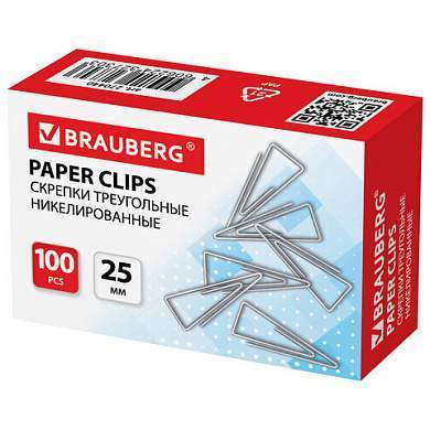 Скрепки BRAUBERG, 25 мм, никелированные, треугольные, 100 шт., в картонной коробке, 270440 (арт. 270440)