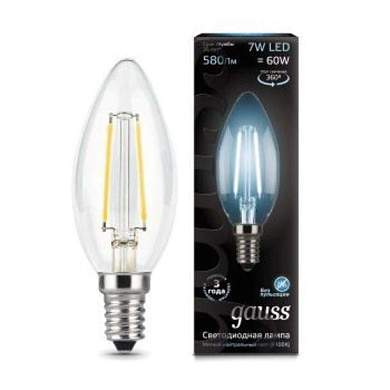 Gauss Filament Свеча E14 7W(580lm) 4100K 4K прозр. 97x35 филамент (нитевидная), 103801207 (арт. 645940)