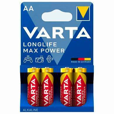 Батарейки алкалиновые "пальчиковые" КОМПЛЕКТ 4 шт., VARTA LONGLIFE MAX POWER, АА (LR6, 24А), блистер, 4706101404 (арт. 457408)