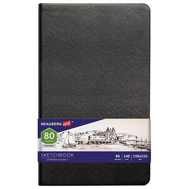 Скетчбук, слоновая кость 140 г/м2 130х210 мм, 80 л., КОЖЗАМ, резинка, BRAUBERG ART CLASSIC, черный, 113194 (арт. 113194)