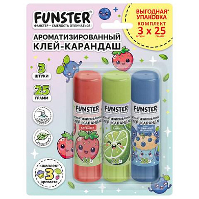 Клей-карандаш ароматизированный FUNSTER (ФАНСТЕР) (клубника, лайм, черничный маффин), 25 г, ВЫГОДНАЯ УПАКОВКА, 3 штуки на блистере, 274271 (арт. 274271)