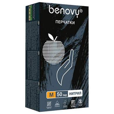 Перчатки нитриловые смотровые 50 пар (100 шт.), размер M (средний), черные, BENOVY MultiColor, ЧЗ, К (арт. 631625)