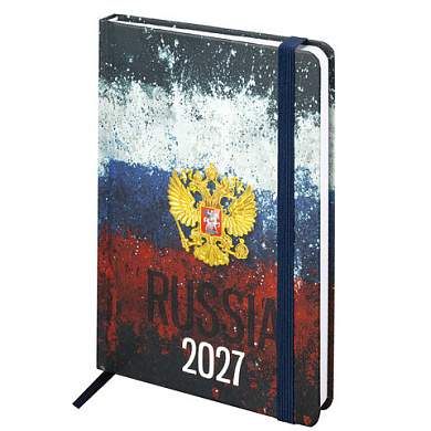 Ежедневник датированный 2027 с резинкой, 145х203 мм, А5, BRAUBERG, твердый, фольга, "Russia", 117818 (арт. 117818)