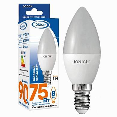 IONICH свеча C37 E14 8W(720lm) 6500К 6K 37x100 матов./пластик/алюм ILED-SMD2835-C37 1536 (арт. 773262)