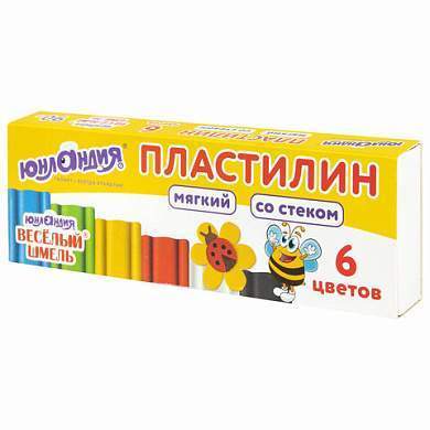 Пластилин мягкий ЮНЛАНДИЯ "ВЕСЕЛЫЙ ШМЕЛЬ", 6 цветов, 90 г, СО СТЕКОМ, 106671 (арт. 106671)
