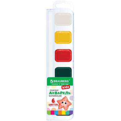 Краски акварельные BRAUBERG KIDS NEW, медовые, 6 цветов, квадратные кюветы, пластиковый пенал с европодвесом, 192794 (арт. 192794)