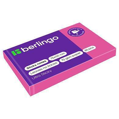 Самоклеящийся блок Berlingo "Ultra Sticky", 50*75мм, 80л., розовый неон (арт. 287185)