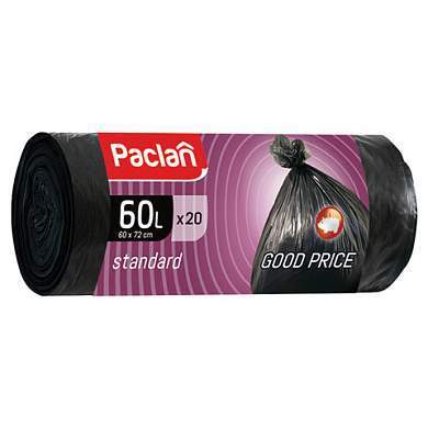 Мешки для мусора 60 л, черные, в рулоне 20 шт., ПНД, 7,4 мкм, 60х72 см, PACLAN "Standard" (арт. 600820)
