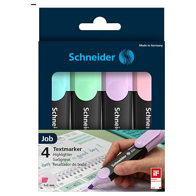 Набор текстовыделителей Schneider "Job" 04цв., пастельные ассорти, 1-5мм, прозрачный чехол/картонная упаковка (арт. 293768)