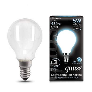 Gauss Filament Шар G45 E14 5W(450lm) 4100K 4K матов. 80x45 филамент (нитевидная), 105201205 (арт. 645962)