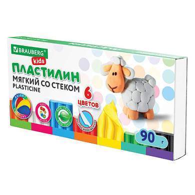 Пластилин мягкий восковой BRAUBERG KIDS, 6 цветов, 90 г, со стеком, 106493 (арт. 106493)