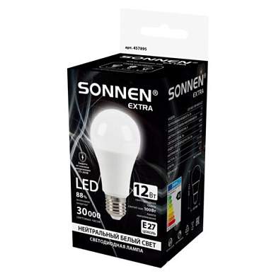 Лампа светодиодная SONNEN EXTRA, 12 (100) Вт, Е27, груша, нейтральный белый, 30000 ч, LED A60-12W-4000-Е27, 457895 (арт. 457895)