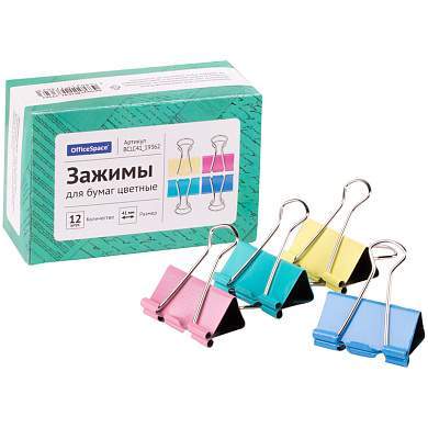 Зажимы для бумаг 41мм, OfficeSpace, 12шт., цветные, картонная коробка (арт. 257955)