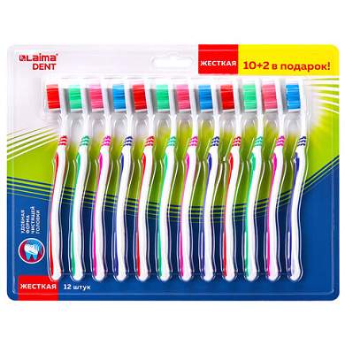 Зубная щетка жесткая WHITENING, КОМПЛЕКТ 12 шт. (10 + 2 в подарок), LAIMA DENT, 609690 (арт. 609690)