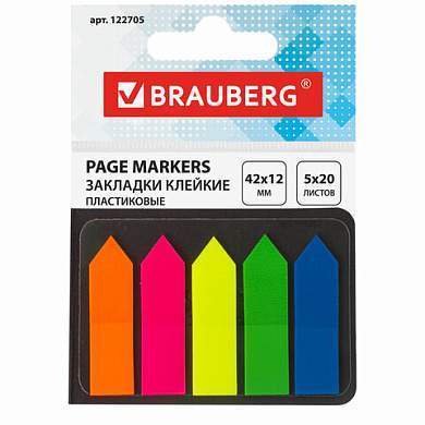 Закладки клейкие неоновые BRAUBERG, 42х12 мм, 100 штук (5 цветов х 20 листов), в картонной книжке, 122705 (арт. 122705)