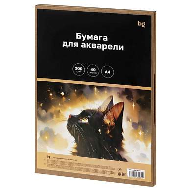 Бумага для акварели 40л. А4, BG "Акварельный кот", среднее зерно, 200 г/м2, в КОРОБЕ (арт. 373588)
