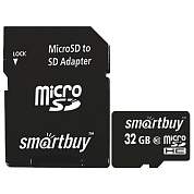 Карта памяти micro SDHC, 32 GB, SMARTBUY, 10 Мб/сек. (class 10), с адаптером, SB32GBSDCL10-01 (арт. 512806)