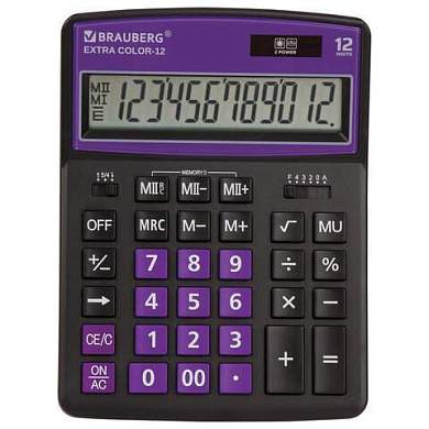 Калькулятор настольный BRAUBERG EXTRA COLOR-12-BKPR (206x155 мм),12 разрядов, двойное питание, ЧЕРНО-ФИОЛЕТОВЫЙ, 250480 (арт. 250480)