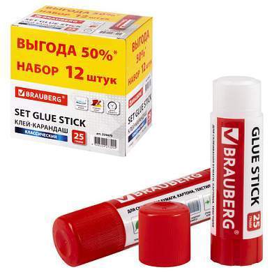 Клей-карандаш 25 г ВЫГОДНАЯ УПАКОВКА, КОМПЛЕКТ 12 штук, BRAUBERG, 229470 (арт. 229470)