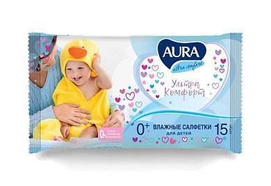 Влажные салфетки детские 15шт/уп, детские 0+, AURA Ultra comfort 80280 (арт. 762614)