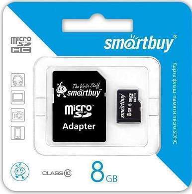 Флэш-карта (карта памяти) MicroSDHC  8GB Class10  SmartBuy с адаптером (2125) (арт. 457505)