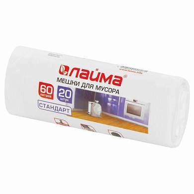 Мешки для мусора 60 л, белые, в рулоне 20 шт., ПНД 7 мкм, 58х68 см, LAIMA, 605539 (арт. 605539)