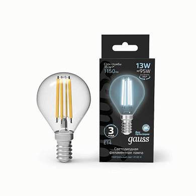 Gauss Filament Шар 13W (1150lm) 4100К 4K прозр. 78x45 филамент(нитевидная) 105801213 (арт. 844966)