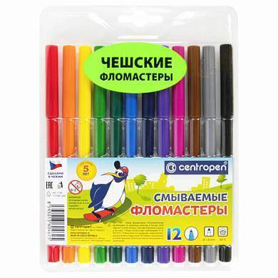Фломастеры 12 ЦВЕТОВ CENTROPEN "Washable", смываемые, вентилируемый колпачок, 7790/12TP, 7 7790 1285 (арт. 152076)