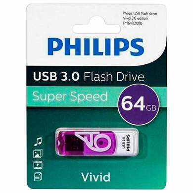 Флеш-диск 64 GB PHILIPS VIVID, разъем USB 3.0, фиолетовый, FM64FD00B/97 (арт. 514096)