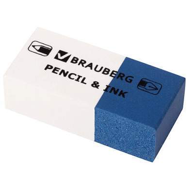 Ластик BRAUBERG "PENCIL & INK", 39х18х12 мм, для ручки и карандаша, бело-синий, 229578 (арт. 229578)